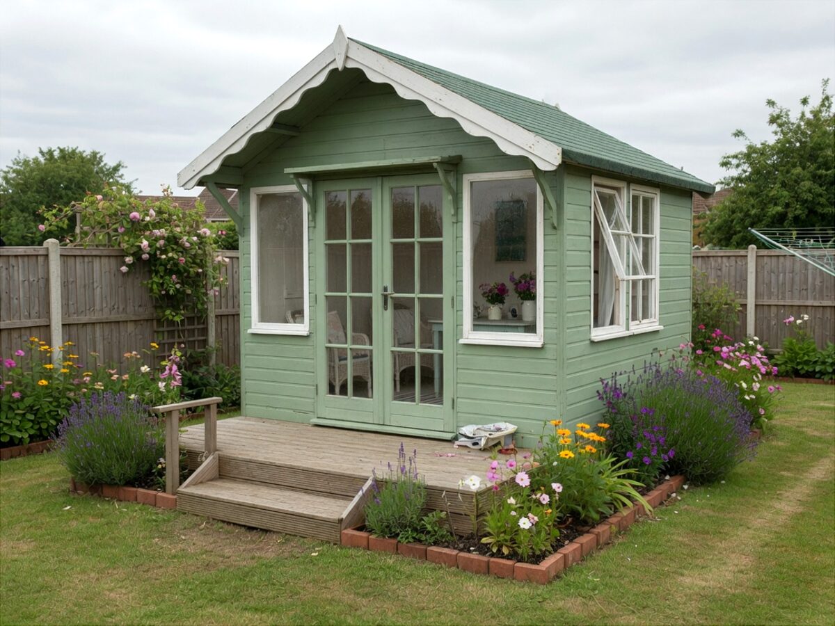 Sage green timber summer house with glazed double doors and decking in a planted garden
